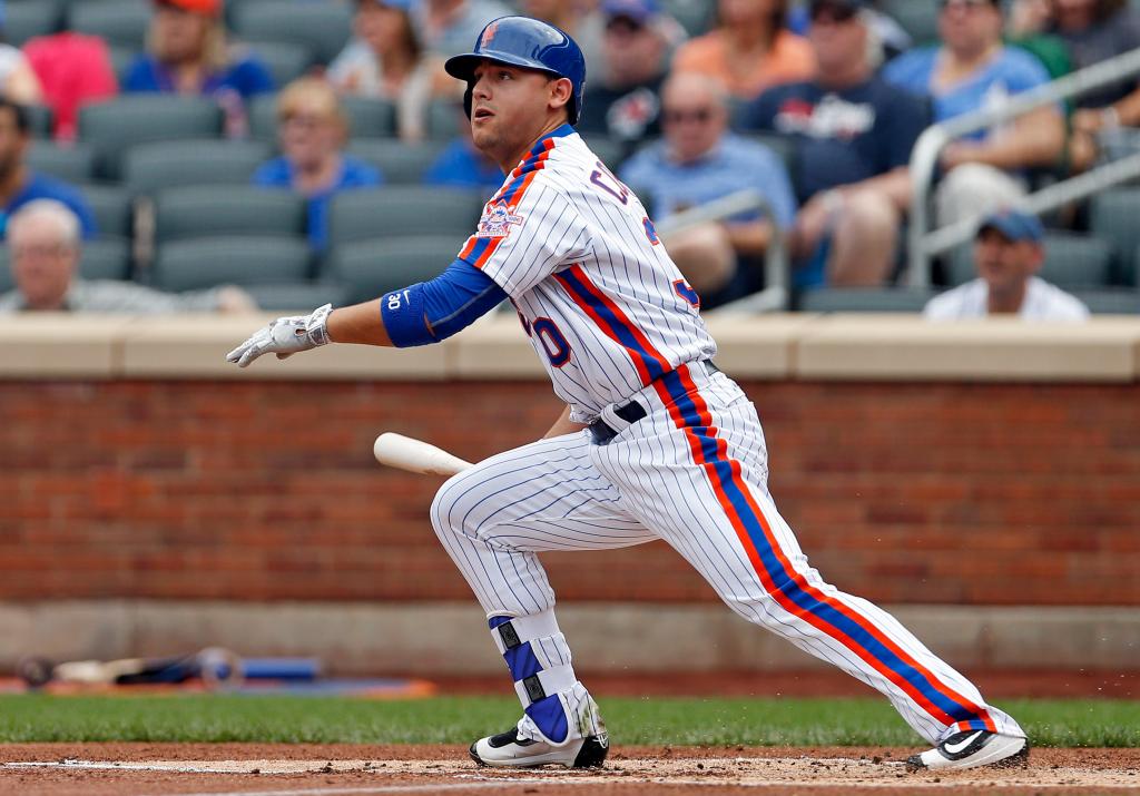 Michael Conforto #30 of the New York Mets hits a two-RBI single during the first inning against the Minnesota Twins at Citi Field on September 18, 2016 in the Flushing neighborhood of the Queens borough of New York City. 