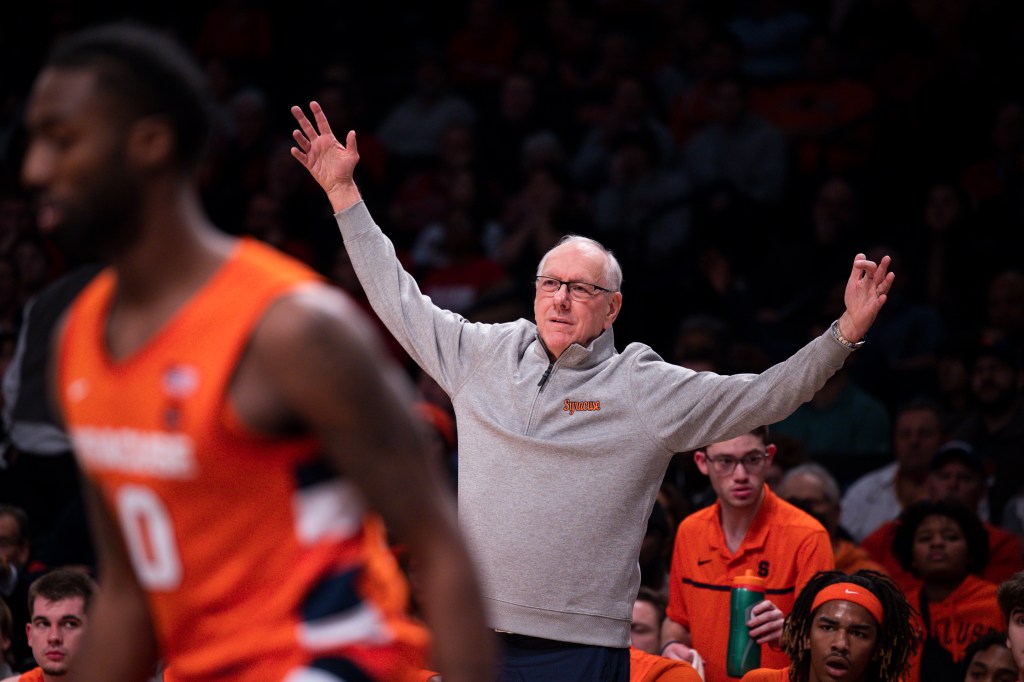 Head coach Jim Boeheim of the Syracuse Orange reacts on the sideline in the first half of the final of the Vivid Seats Empire Classic at Barclays Center, Tuesday, Nov. 22, 2022, in Brooklyn, NY. 