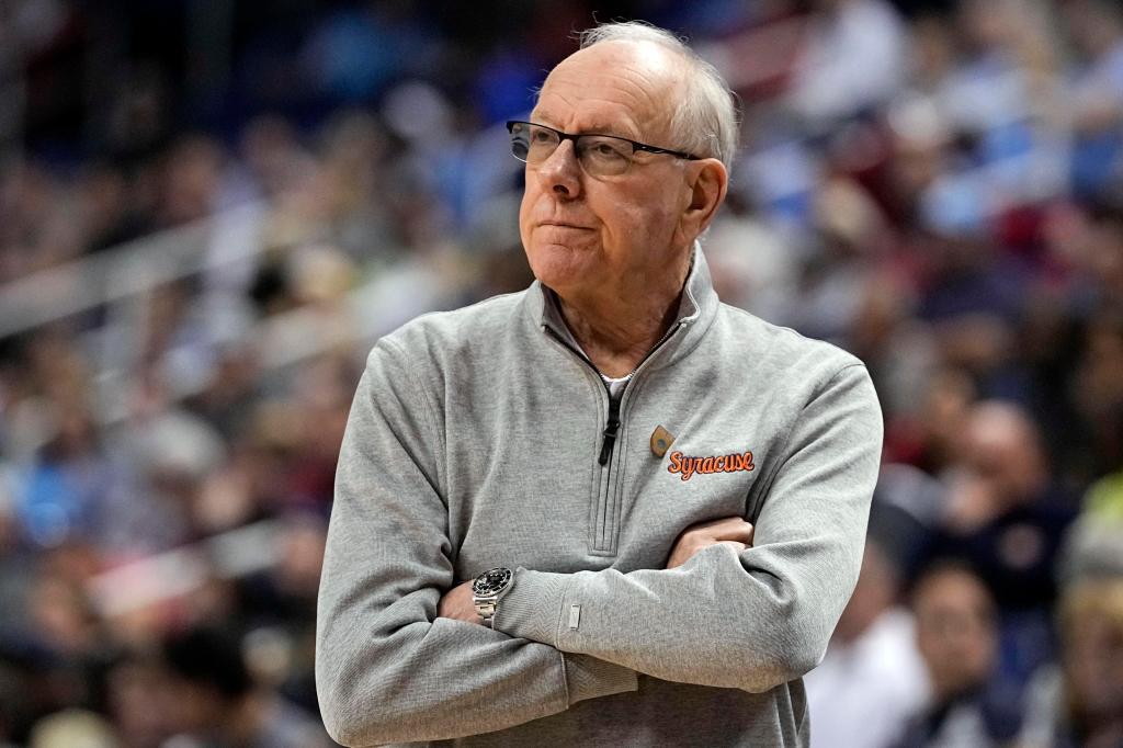 Syracuse head coach Jim Boeheim watches during their loss against Wake Forest in an NCAA college basketball game at the Atlantic Coast Conference Tournament, March 8, 2023, in Greensboro, N.C.