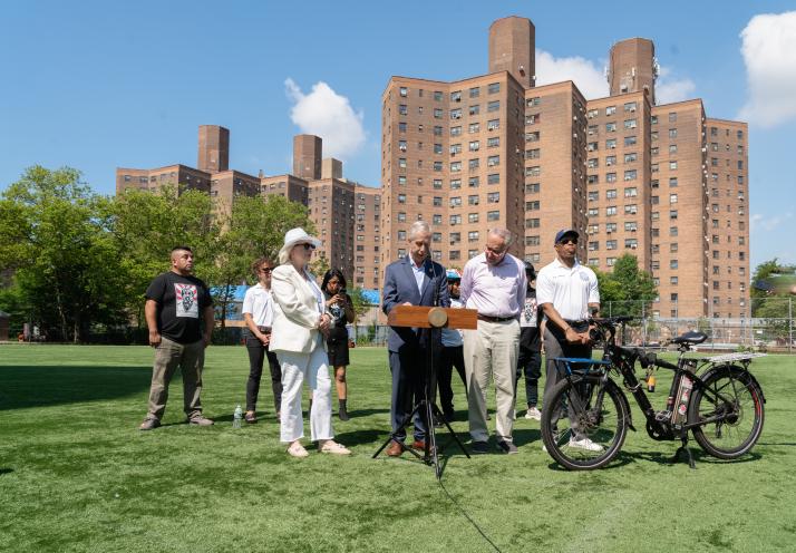 First Deputy Fire Commissioner Joe Pfeiffer, Majority Leader Chuck Schumer, Senator Kirsten Gillibrand NYC Mayor Eric Adams and FDNY Chief Joseph Ferrante