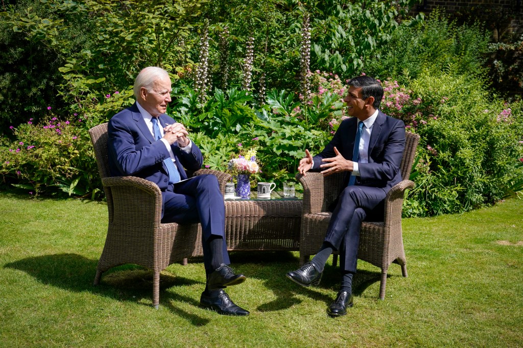 Biden and Sunak in garden of 10 Downing Street Monday.