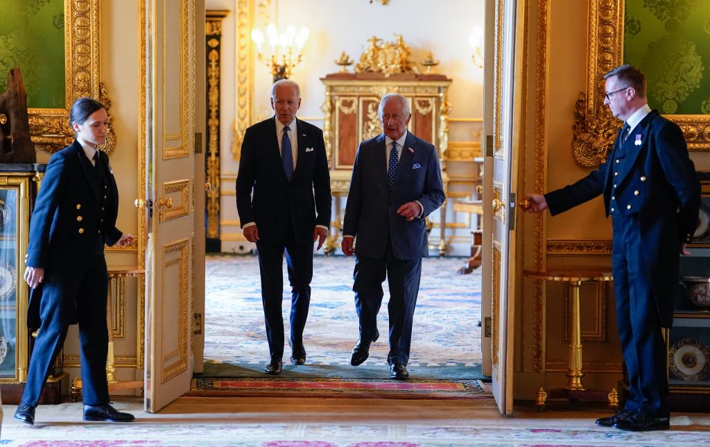 King Charles III and US President Joe Biden arrived to meet participants of the Climate Finance Mobilisation forum in the Green Drawing Room at Windsor Castle.