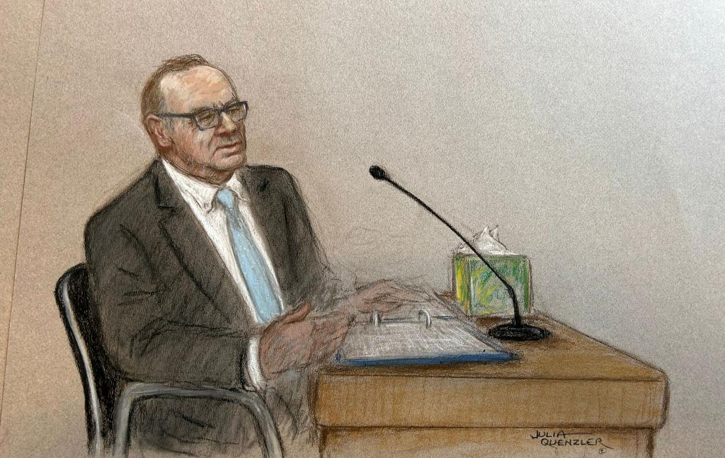 Courtroom sketch showing Kevin Spacey testifying Thursday.