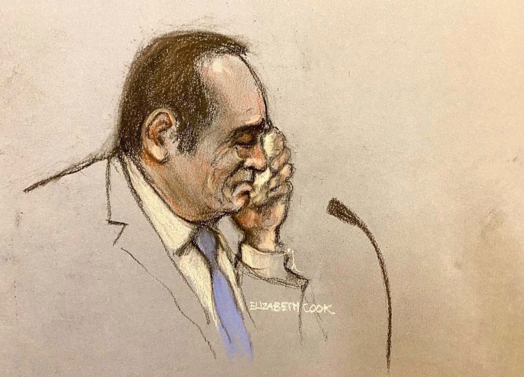 A sketch of Spacey crying in court while testifying on July 13, 2023 in the London trial.