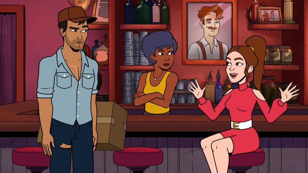 Photo of the characters Bandit, Eliza and Petey, voiced by John Cho, Kiersey Clemons and Annie Murphy. They're sitting in a bar and Petey has her arms up in emphasis.