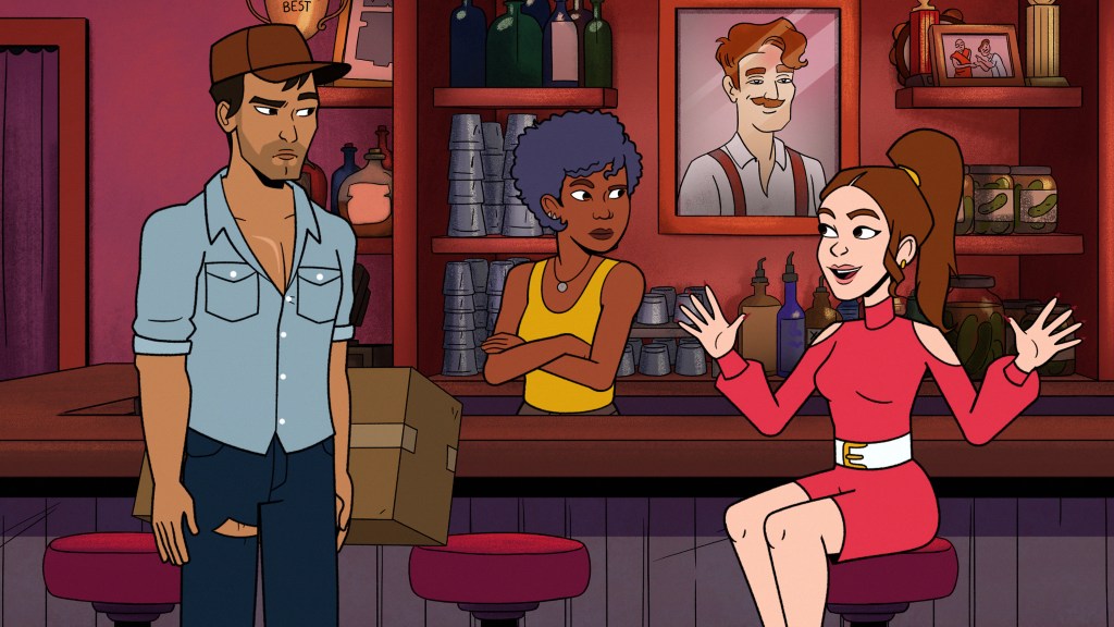 Photo of the characters Bandit, Eliza and Petey, voiced by John Cho, Kiersey Clemons and Annie Murphy. They're sitting in a bar and Petey has her arms up in emphasis.