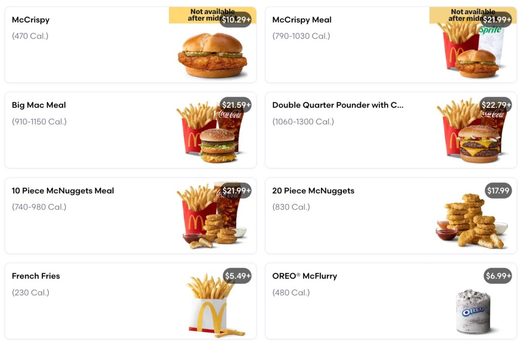 The image above is a screenshot of menu items from the same location as offered on Grubhub.