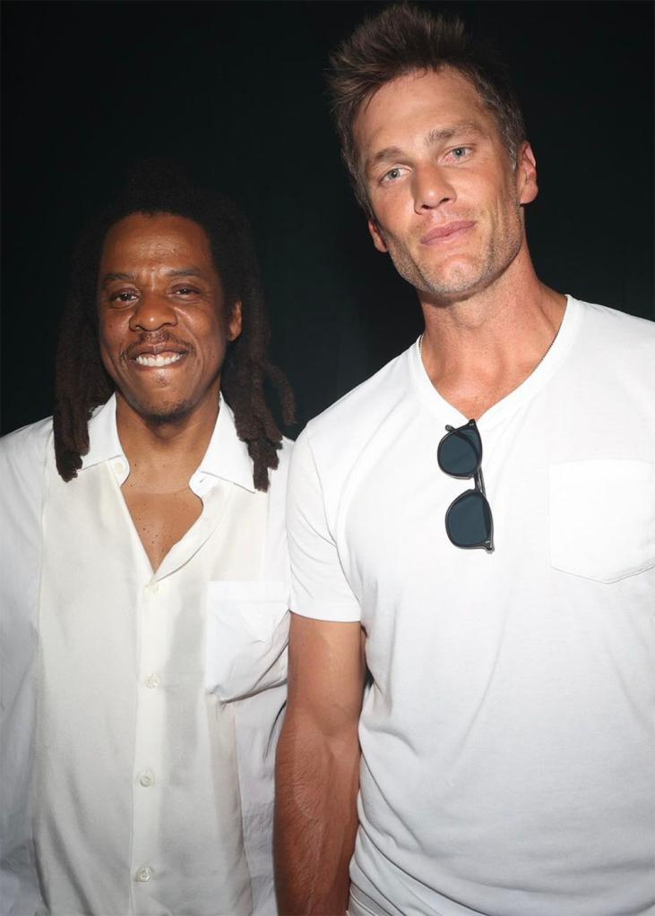 Jay Z and Tom Brady at Michael Rubin's 2023 Fourth of July white party in the Hamptons. 