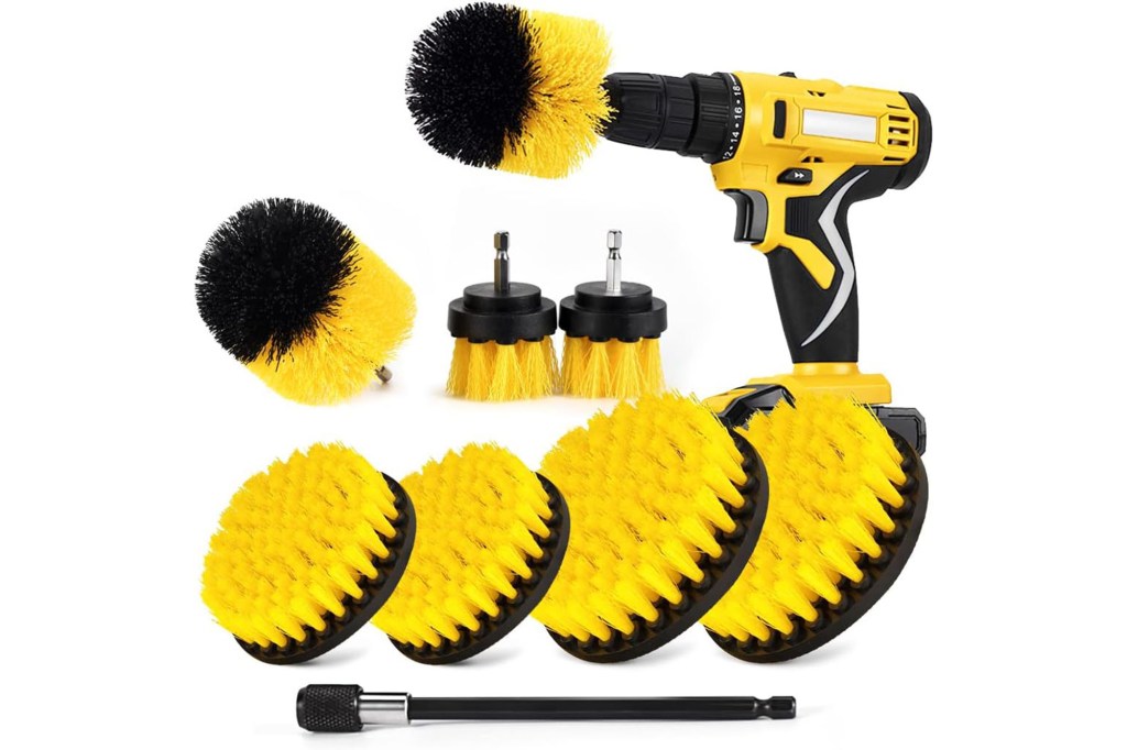 A yellow and black brush attachment set with the drill and multiple heads.