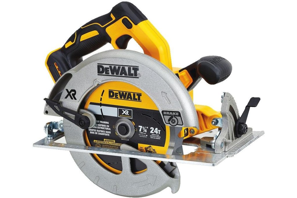 A black and yellow DeWalt circular saw with silver blade and brake.