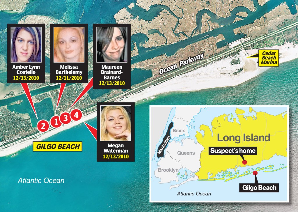 A map of where four victims were found alongside the Ocean Parkway and the suspect's home in Long Island.
