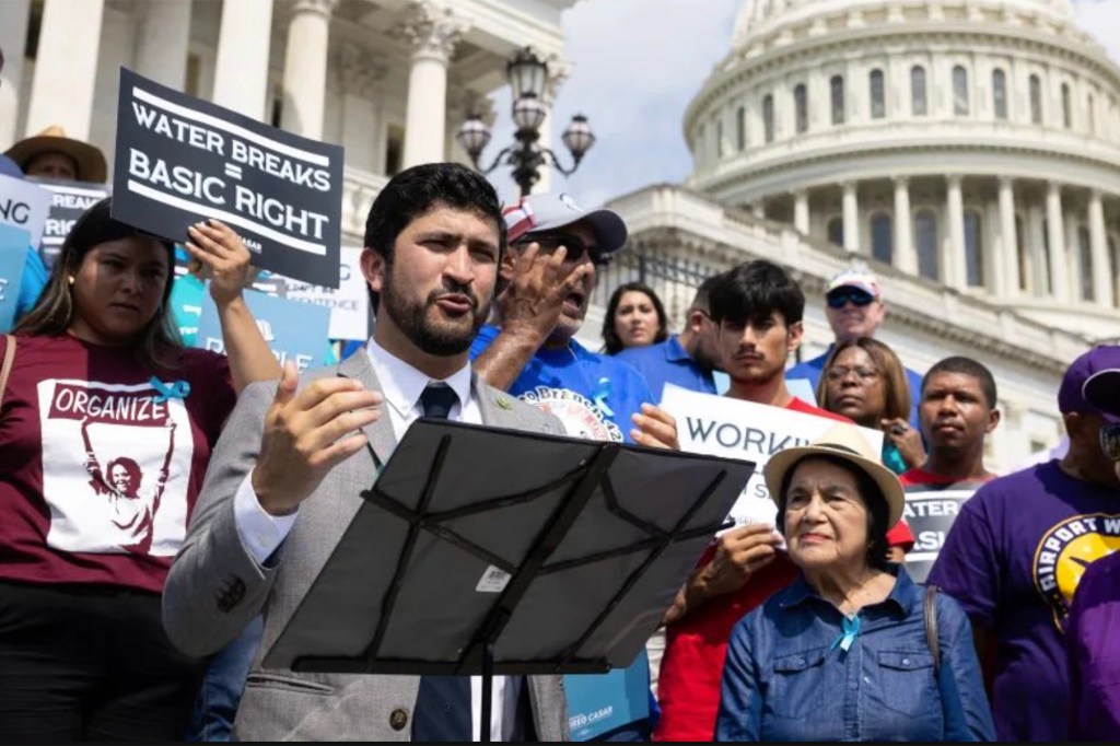 Rep. Greg Casar, D-Texas, speaks during a Vigil and Thirst Strike for Workers' Rights on the House steps of the U.S. Capitol on Tuesday, July 25, 2023.