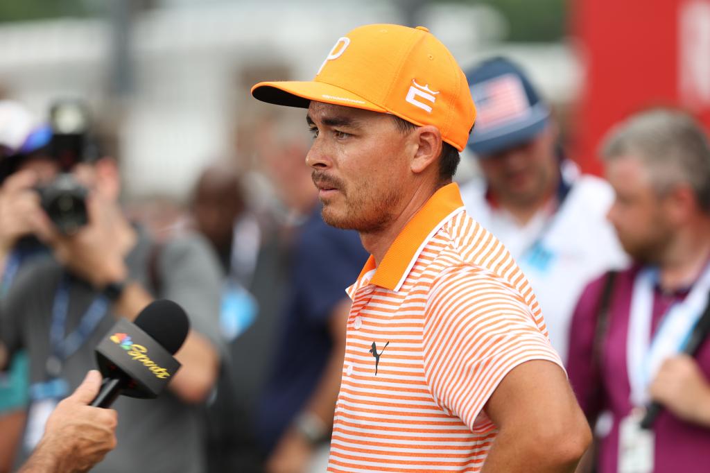 Rickie Fowler is interviewed after winning the Rocket Mortgage Classic