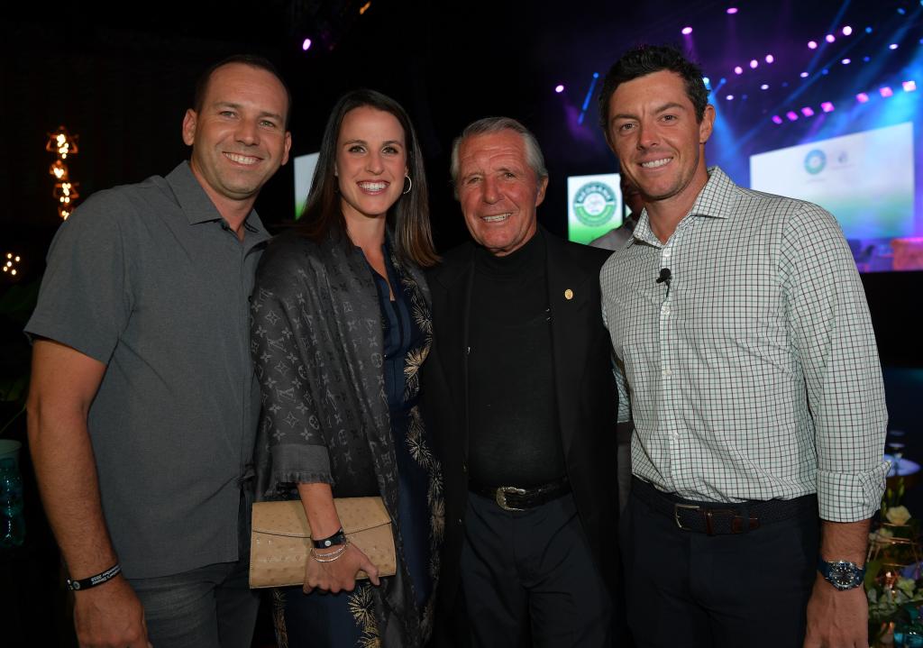 Sergio Garcia of Spain, his wife Angela Akins, Gary Player of South Africa and Rory McIlroy of Northern Ireland pose for a picture