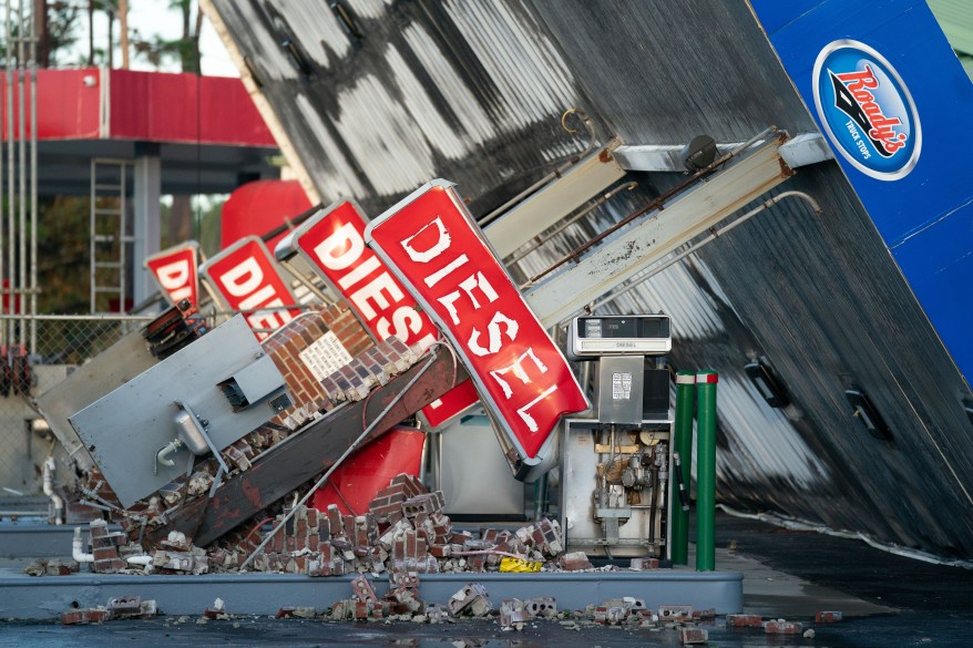 The now tropical storm damaged a gas station when it made landfall in Florida.