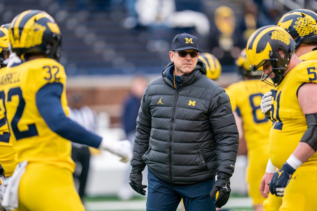 Head Coach Jim Harbaugh prior to the Michigan Football spring game at Michigan Stadium on April 1, 2023 in Ann Arbor, Michigan.