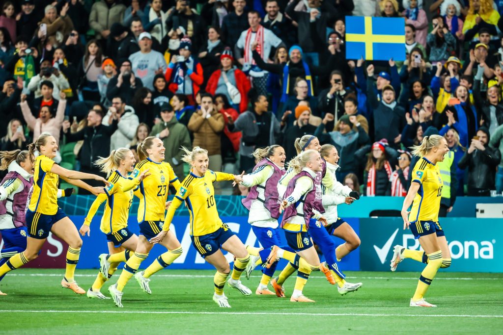 Sweden celebrate beating USA in a penalty shootout at the FIFA Women's World Cup Australia & New Zealand 2023 at Melbourne Rectangular Stadium.