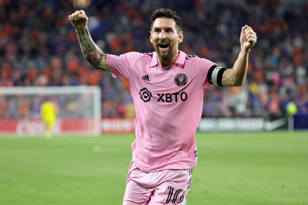 Lionel Messi (10) celebrates after teammate Leonardo Campana scored his second goal against the FC Cincinnati during the U.S. Open Cup semifinal on August 23, 2023.