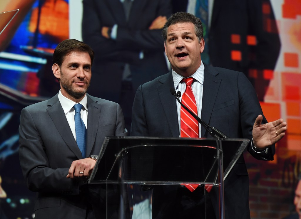 Sports broadcasters Mike Greenberg and Mike Golic speak as they are inducted into the National Association of Broadcasters Broadcasting Hall of Fame.