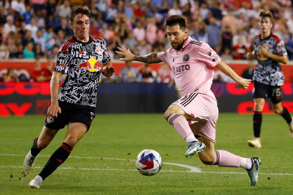 Lionel Messi, who entered the match in the second half and scored a goal, looks to make a move on Peter Stroud during the Red Bulls' 2-0 loss to Inter Miami.