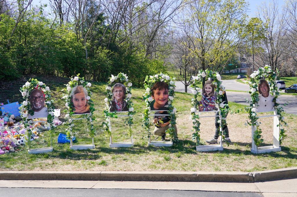 Six photo memorials one for each of the six killed when a 28 year old former student opened fire at the school on March 27 are placed at the main entrance of The Covenant School to honor them.