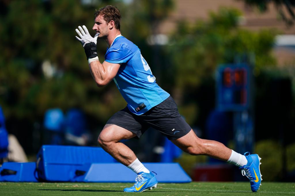 Los Angeles Chargers linebacker Joey Bosa (97) participates in drills during the NFL football team's training camp.