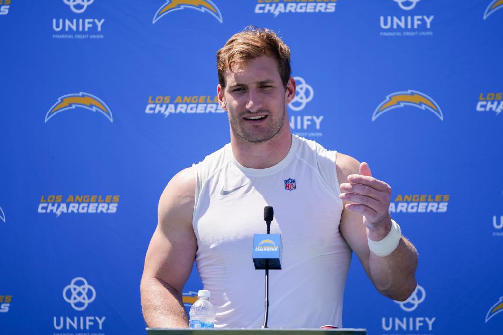 Los Angeles Chargers linebacker Joey Bosa speaks in a press conference.