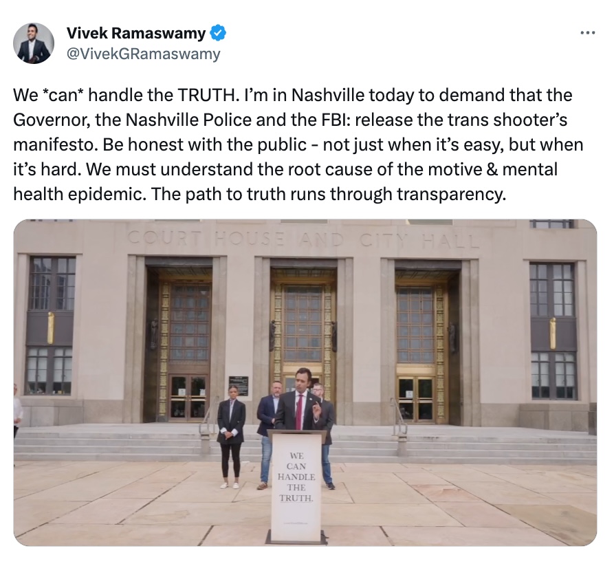 Vivek Ramaswamy was in Nashville to demand Gov. Bill Lee and law enforcement release Covenant School shooter Audrey Hale’s writings.