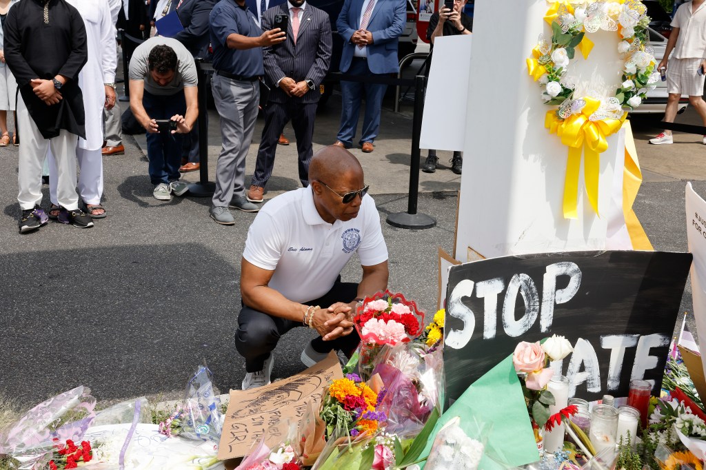 Mayor Adams at the memorial for O’Shae Sibley, who was stabbed to death last week.