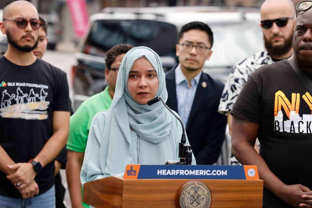 Sonia Ali, a community activist, speaking during press conference at the Mobil gas station at 1935 Coney Island Avenue where O’Shae Sibley was stabbed to death.