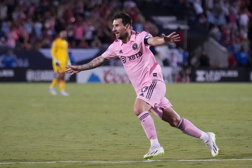 Lionel Messi celebrates during Inter Miami's win over FC Dallas on Aug. 6.