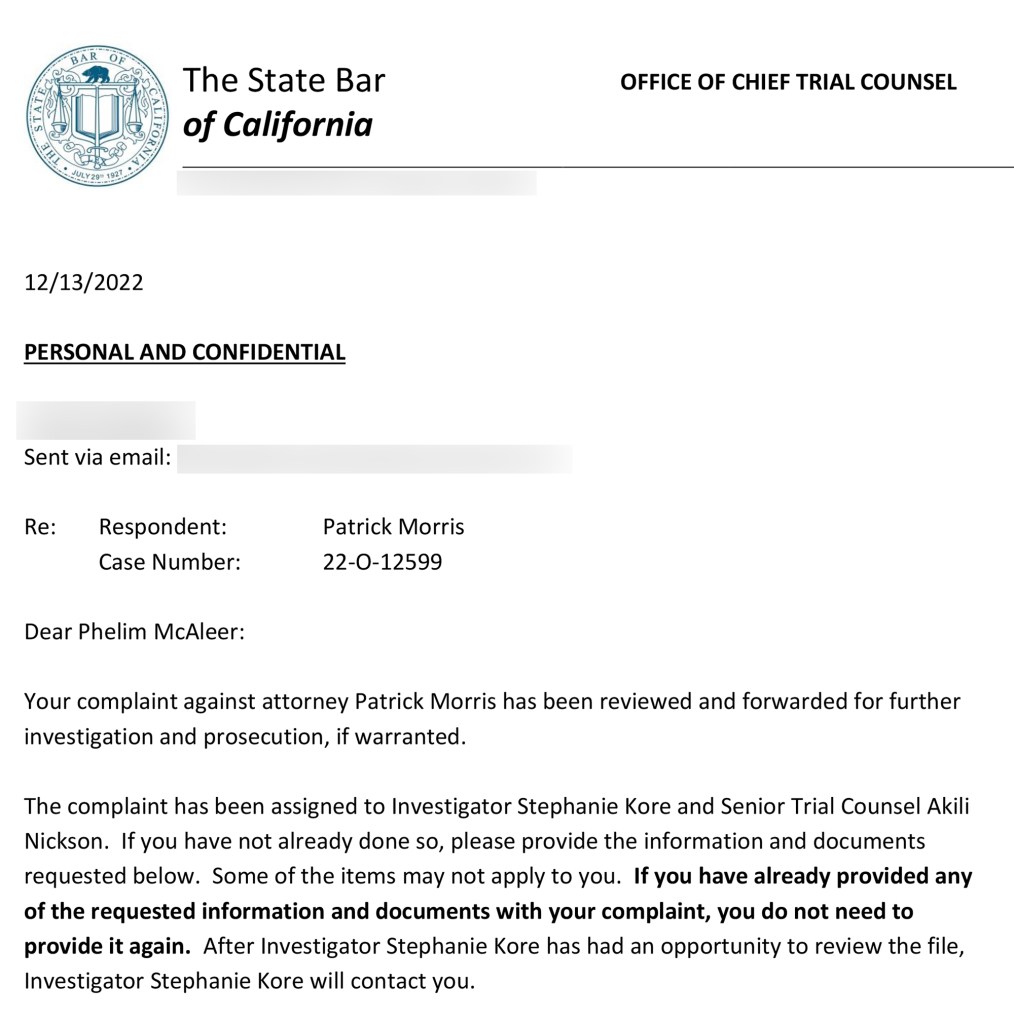 A document showing that the California State Bar is investigating Kevin Morris 