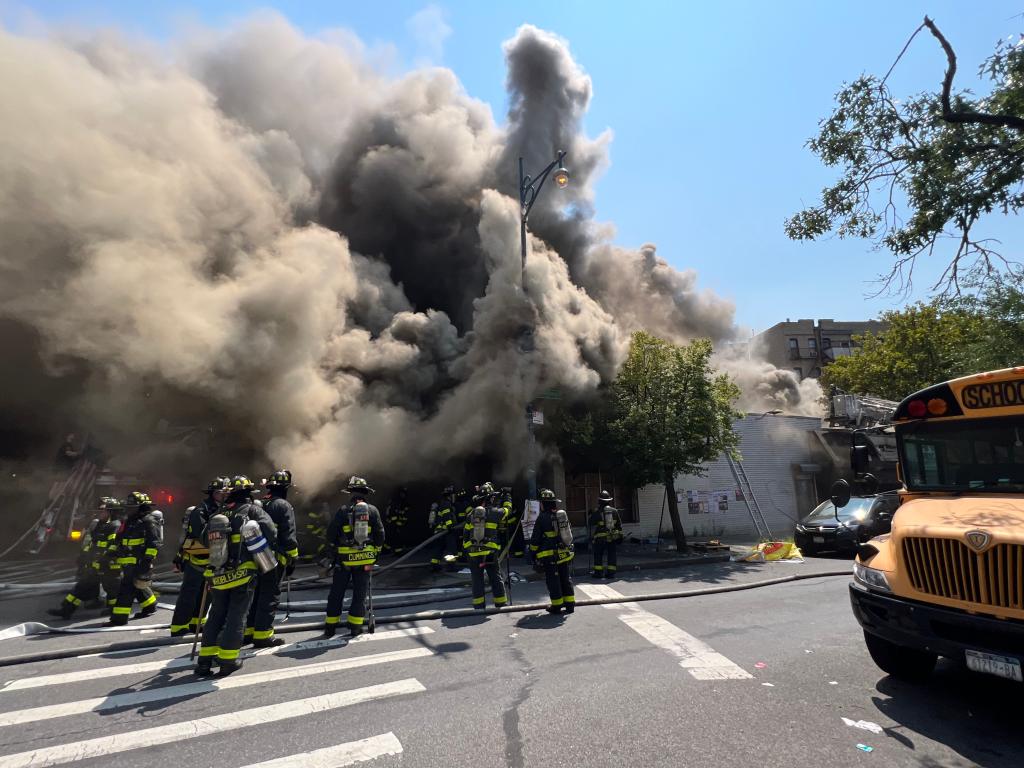 Smoke coming from the fire on Lee Avenue in Williamsburg, Brooklyn.