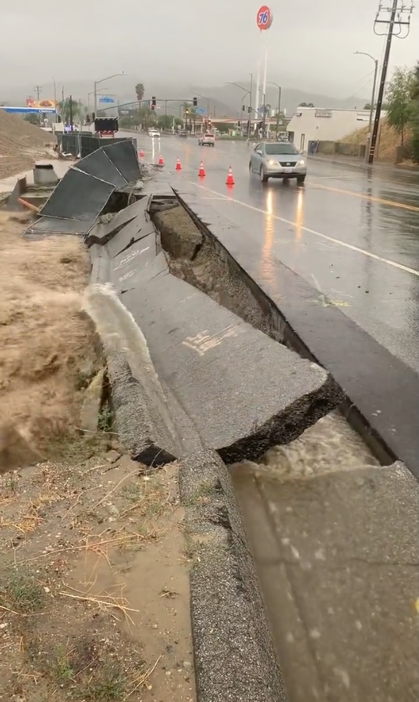 A damaged road in Santa Clarita by Tropical Storm Hillary.