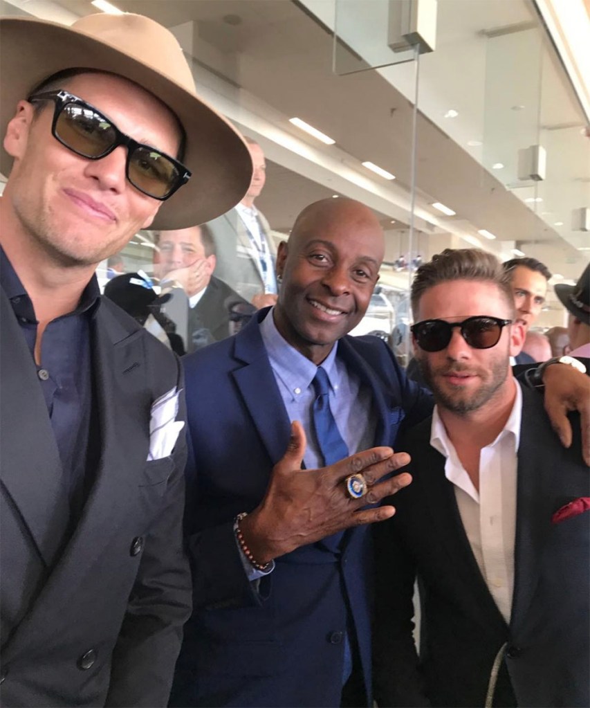 (L-R) Tom Brady, Jerry Rice and Julian Edelman at the Kentucky Derby in 2017. 