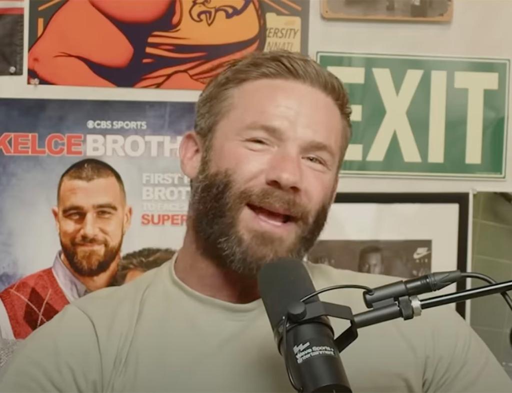 Julian Edelman on the "New Heights" podcast with Jason and Travis Kelce in July 2023. 