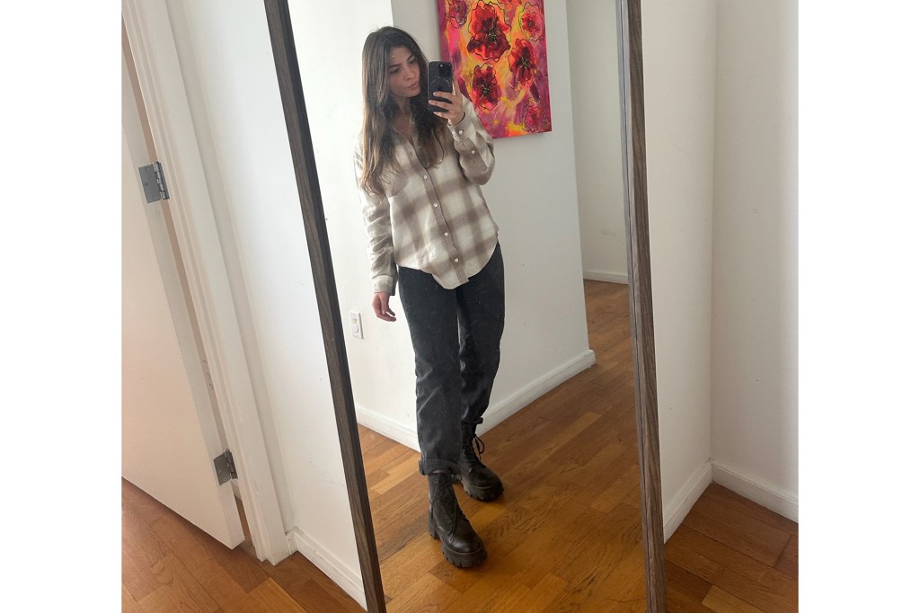 Miska Salemann wearing a flannel from Aritzia.