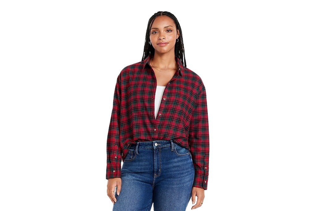 A woman wearing a red flannel shirt