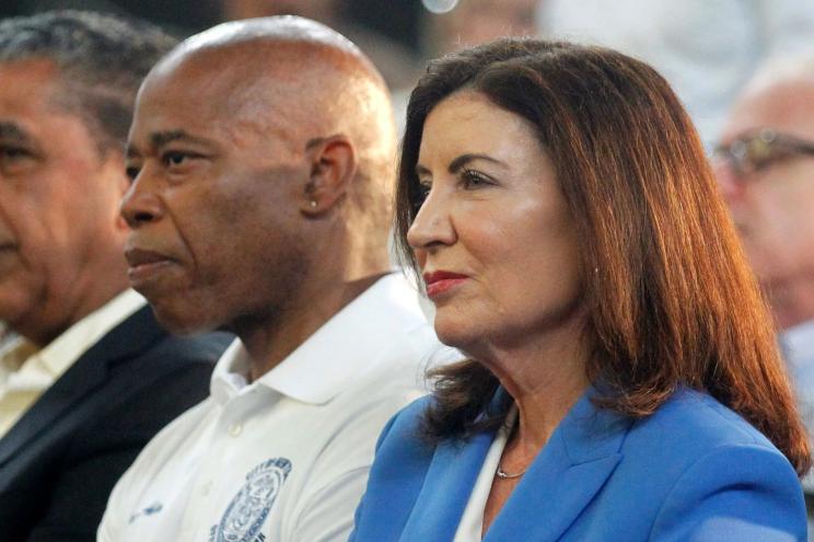 Gov. Kathy Hochul and Mayor Eric Adams at an event on the plan to revamp the Kingsbridge Armory in the Bronx on August 8, 2023.