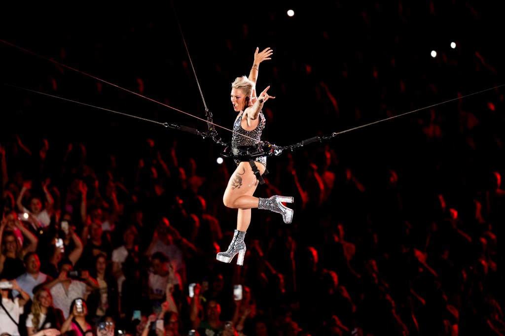 A high-flying Pink performs recently at Boston's Fenway Park.