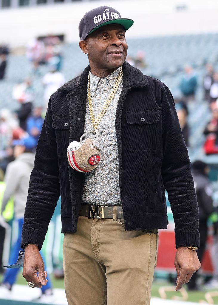 Former San Francisco 49ers wide receiver Jerry Rice looks on prior to the NFC Championship Game against the Philadelphia Eagles at Lincoln Financial Field on January 29, 2023 in Philadelphia, Pennsylvania.  