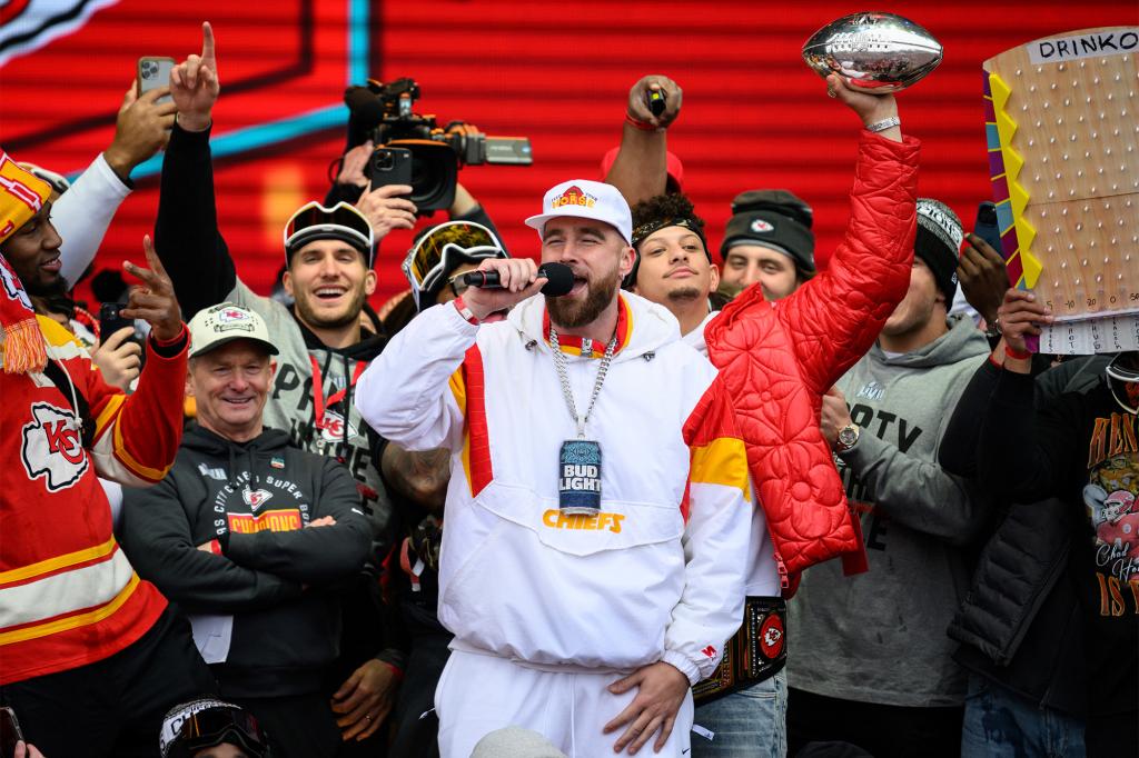 Travis Kelce was at the center of the Chiefs' celebration following their Super Bowl victory.