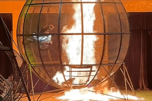 ‘Globe of Death’ motorcycle stunt goes up in flames