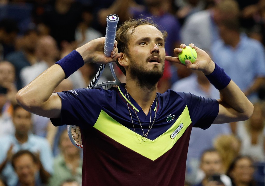 Daniil Medvedev reacts after defeating Carlos Alcaraz in the menâs singles semifinals at the U.S. Open tennis championships, Friday, Sept. 08, 2023