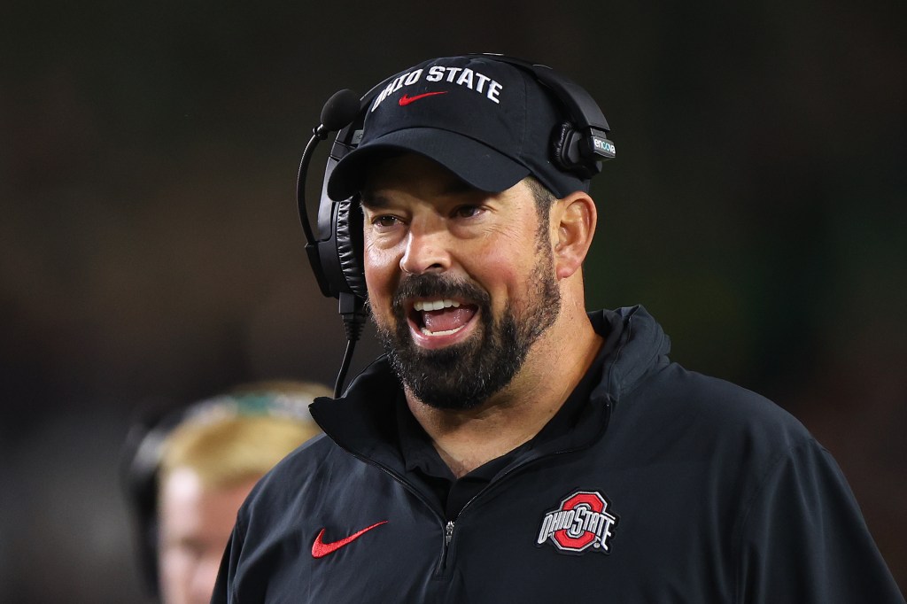 Head coach Ryan Day of the Ohio State Buckeyes looks on against the Notre Dame Fighting Irish during the first half at Notre Dame Stadium on September 23, 2023 in South Bend, Indiana.