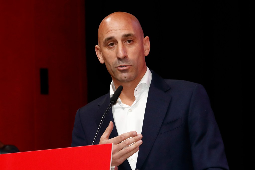 Luis Rubiales speaks during an emergency general assembly meeting following the Women's World Cup on Aug. 25, 2023.