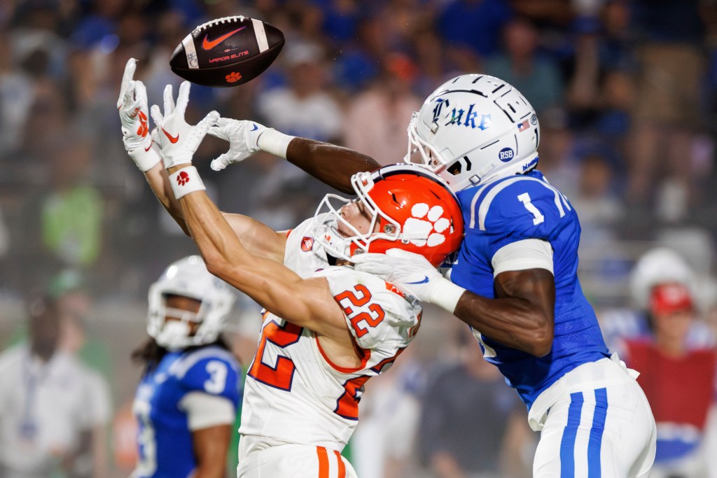 Duke's Myles Jones breaks up a pass intended for Clemson's Cole Turner.