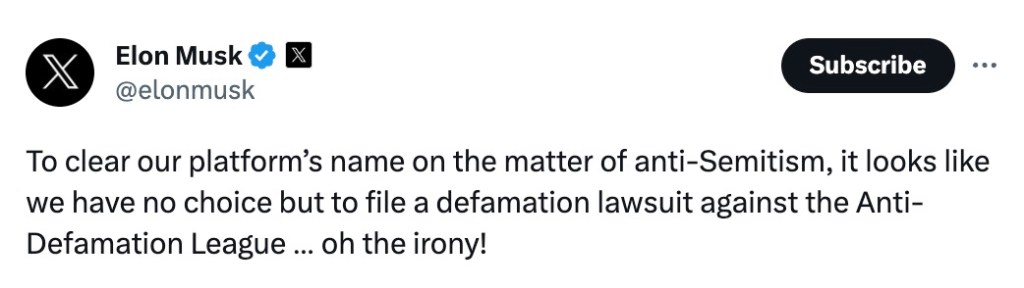 "Oh the irony!" Musk added in his tweet. In other poses, he said the ADL "has been trying to kill this platform by falsely accusing it & me of being anti-Semitic."