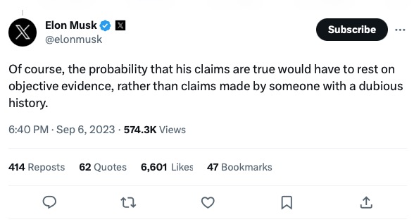 Musk responded to the episode, which amassed nearly 14 million views in less than one day, by questioning Sinclair's claims given his "dubious history."