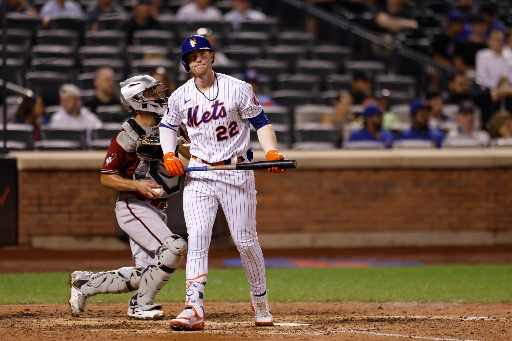 Brett Baty strikes out in the sixth inning against the Arizona Diamondbacks.